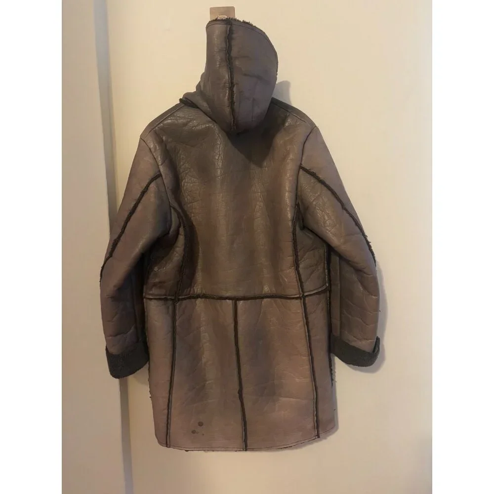 291295 = Homme Hooded Leather Shearling Coat Jacket  size F 44" made in Japan - Picture 9 of 9